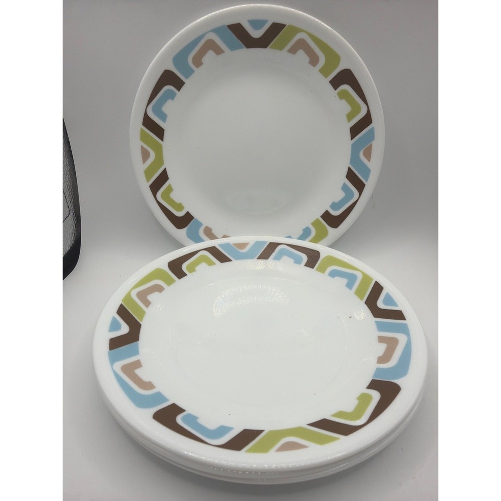 4 Corelle 6.75" BREAD & BUTTER  Plate Blue Green Brown Geometric